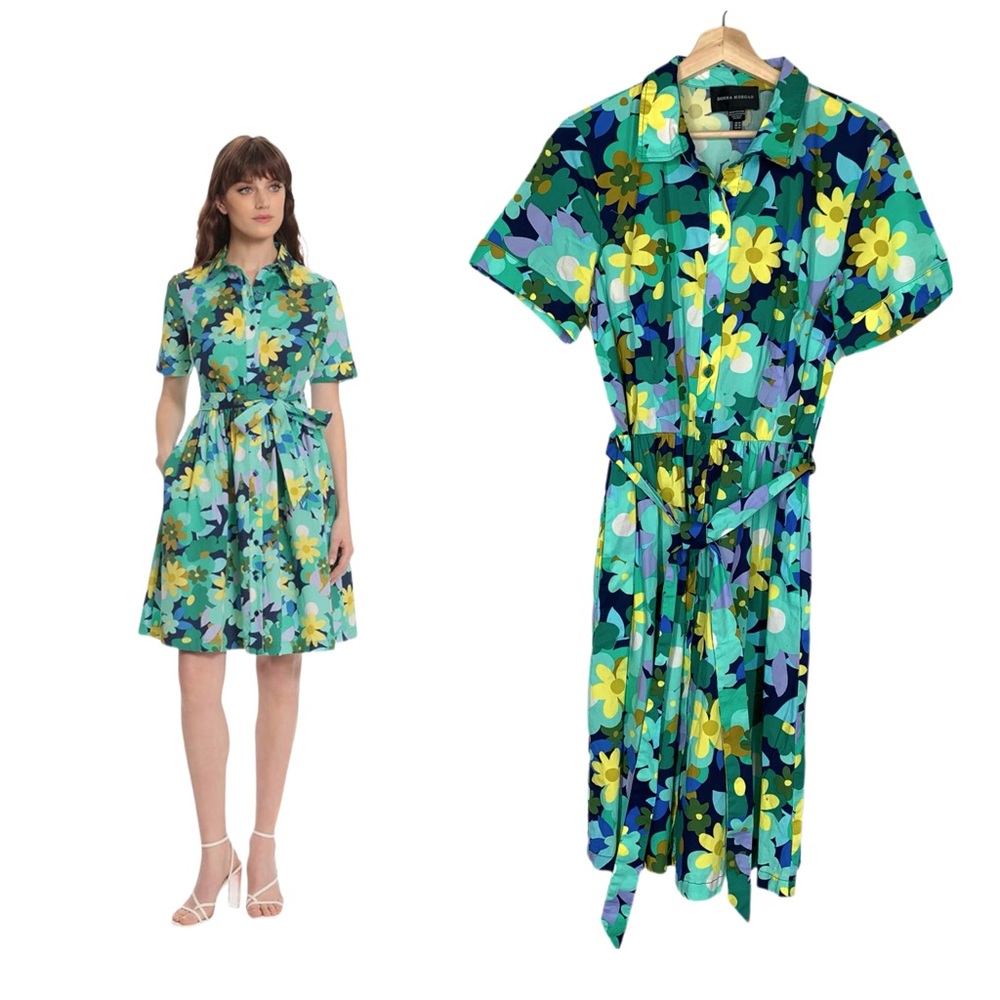 Donna Morgan Floral Printed Collar Neck Dress Front Plackets Short Sleeves Sz 16
